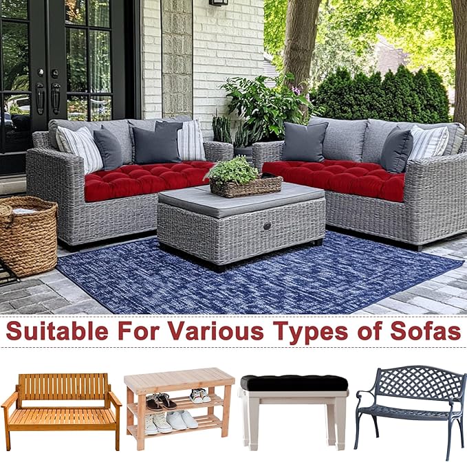 2 Pack Outdoor Bench Cushion Patio Waterproof Porch Swing Cushions Tufted Memory Foam Bench Seat Pads Thicken Non Slip for Outside Indoor Garden Furniture Wicker Loveseat Settee(Burgundy,42x16 Inch)