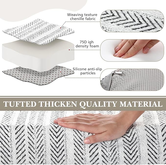 Leinuosen Bench Cushion 42x16x4 Inch for Indoor Furniture Weaving Texture Chenille Kitchen Bay Window Non Slip Seat Cushion Tufted Thicken Pad for Patio Porch, Mud Room Entryway (Black and White)