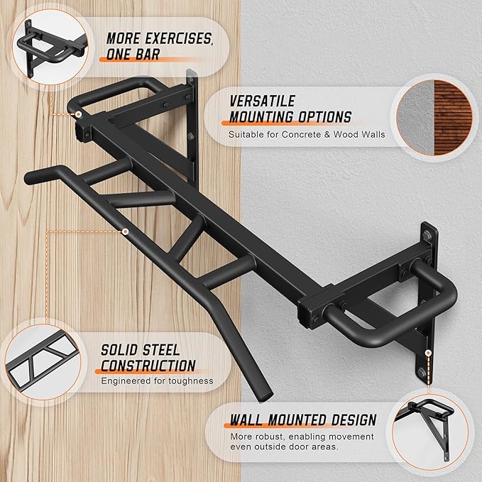 Heavy Duty Pull Up Bar with 14 Grip Positions, Strength Training Pull-Up Bars for Home Gym, Wall Mounted, Joist Mounted Chin Up Bar with Reinforced Thick Metal Construction - Supports 600 lbs for Full-Body Workouts