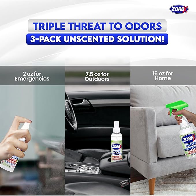 ZORBX Unscented Odor Eliminator for Strong Odor 3 items Bundle: 16 Oz + 7.5 Oz + 2 Oz - Used in Hospitals & Healthcare Facilities - Fast-Acting Odor Remover Spray for Dog, Cat, House & Carpet