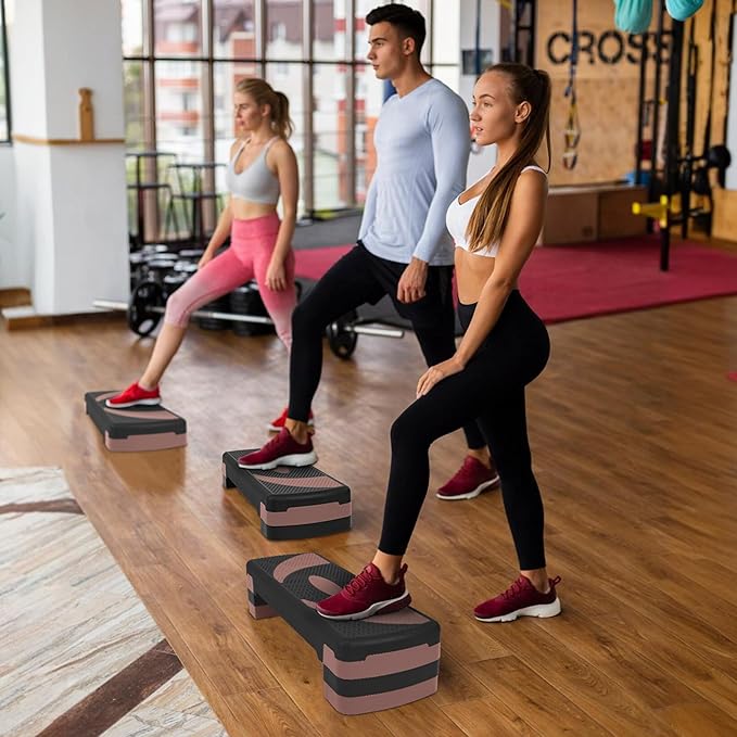 Step Aerobic Platform, 31" Exercise Step with 3 levels Adjustable Height, 4 Stackable Risers, Fitness Training Workout Stepper for Home Gym, Cardio Strength, Black & Pink