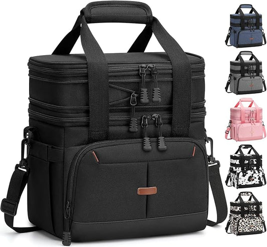 Lunch Box For Men Women Double Deck Insulated Lunch Bag For Men Woman Leakproof Expandable Cooler Bag with Adjustable Shoulder Strap for Work Picnic School(Black,Medium)