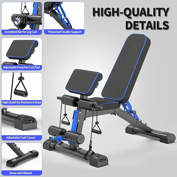 Adjustable Weight Bench – Foldable 800lbs Workout Bench for Full Body Strength Training, Incline/Decline/Flat Bench Press, Sit-Up Bench with Preacher Curl & Leg Extension for Home Gym