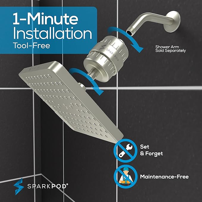 SparkPod Luxury Filtered Shower Head Set 23 Stage Shower Filter - Reduces Chlorine and Heavy Metals - High Pressure Showerhead Filter (8" Square, Elegant Brushed Nickel)