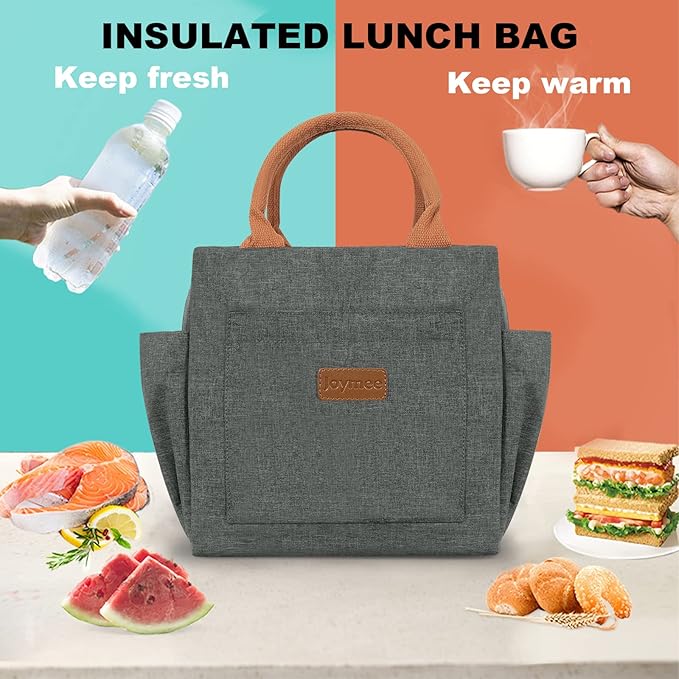 Joymee Lunch Bag Women Insulated Lunch Box Reusable Leakproof Large Spacious Cooler Tote for Womens Mens Adults with Bottle Holder and Side Pockets for Work Office Travel Picnic -Charcoal Gray