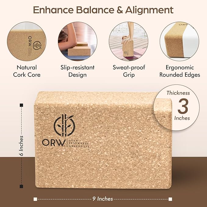 ORW OREN’S Natural Cork Yoga Block – 9”x6”x3”, 1.5 lbs – Heavyweight, Non-Slip, Eco-Friendly Support for Balance, Stretching, Pilates & Fitness – Dense Yoga Prop for All Levels