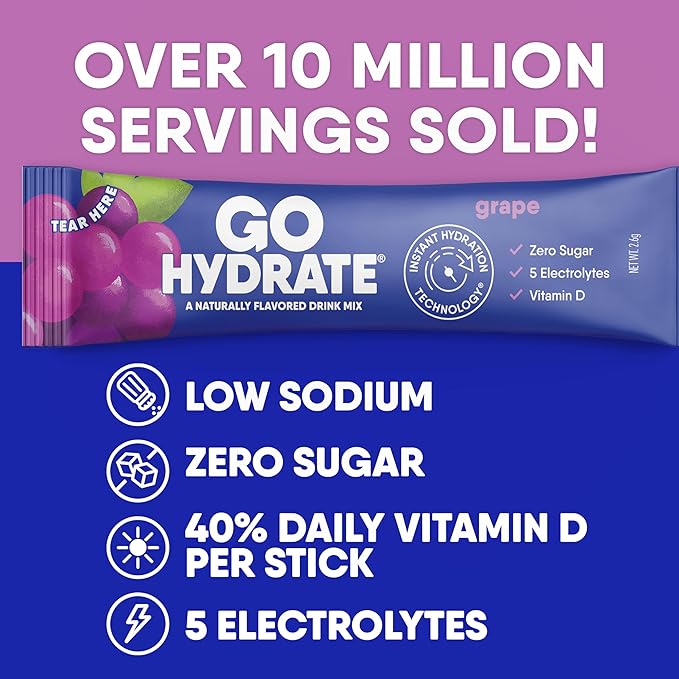 GoHydrate Instant Hydration Powder Packets - Low Sodium Electrolytes Drink Mix - Natural Hydration Support, Sugar Free Electrolyte Flavored Powder Drink with Vitamin D, 30 Packs, Grape