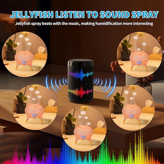 BOHOFAM Jellyfish Essential Oil Diffuser 250ML,Aroma Diffuser Hears Sound to Spray Dancing Jellyfish Mist,7 Colorful Lights, 4 * 10ML Hotel Collection Diffuser Oils Scents for Home Bedroom(White)