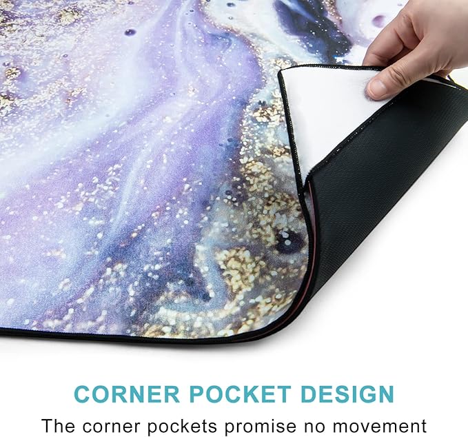 QiyI Yoga Mat Towel with Corner Pockets, Non Slip Sweat Absorbent Hot Yoga Towels, Soft Yoga Blankets with Travel Bag, Skidless Mat Cover for Workout, Gym, Fitness - 70"x26", Purple Gold Marble