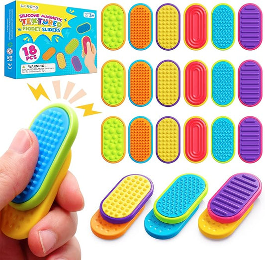 Sensory Fidget Magnet Toys for Kids: 18-Pack Textured Silicone Magnetic Sliders for Autism Children Classroom Must Haves, Treasure Box, Goodie Bags Stuffer Party Favors Fidgets Gifts