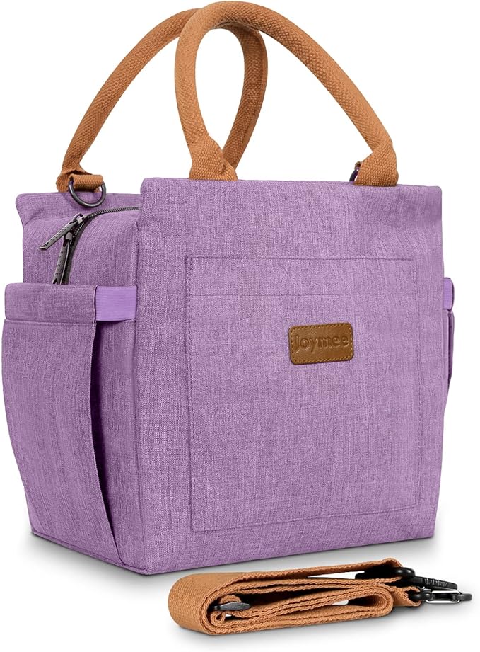 Joymee Lunch Bag Women Insulated Lunch Box with Adjustable Shoulder Strap Large Reusable Leakproof Spacious Cooler Tote for Women Men Adult with Bottle Holder and Side Pockets - Purple