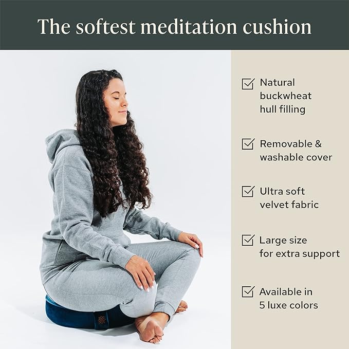 Mindful Modern Velvet Meditation Cushion | Luxe Zafu Yoga Floor Pillow Seat | Posture Support | Buckwheat Hull Filled | Large Round Cushion with Removable Washable Cover + Carry Handle
