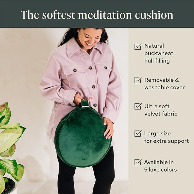Mindful Modern Velvet Meditation Cushion | Luxe Zafu Yoga Floor Pillow Seat | Posture Support | Buckwheat Hull Filled | Large Round Cushion with Removable Washable Cover + Carry Handle