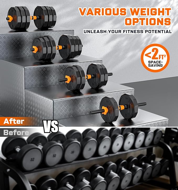 5-in-1 Adjustable Dumbbell Set, 33/44/66/88lbs Free Weights Set with Connector, Used as Kettlebells, Barbell, Push up Stand, Standard 1" Plates, Fitness Exercises for Home Gym Suitable Women/Men