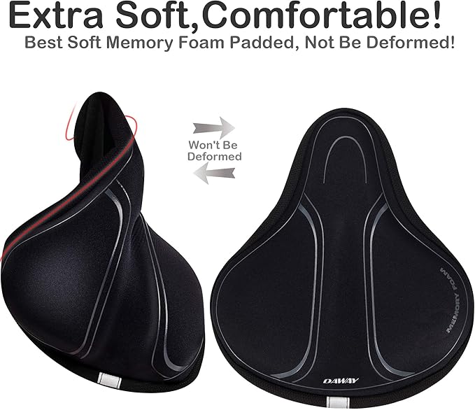 DAWAY Comfortable Bike Seat Cover - C3 Soft Gel & Memory Foam Padded Bike Seat Cushion for Women Men Seniors, Comfort, Fits for Peloton, Stationary, Exercise, Mountain and Cruiser Bicycle Saddles