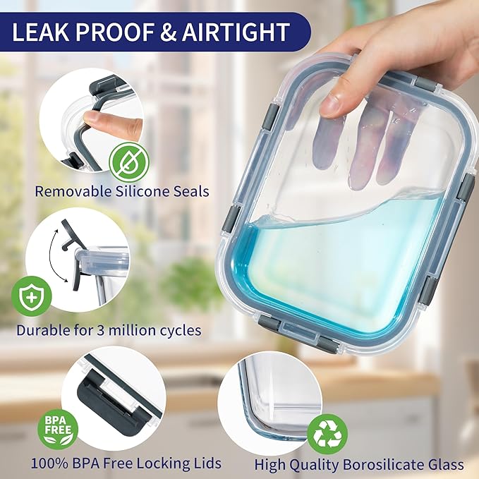 MFY 10-Pack Glass Storage Containers with Lids, Glass Meal Prep Containers Set, Airtight Lunch Containers with Lids, Microwave, Oven, Freezer and Dishwasher Safe, Gray