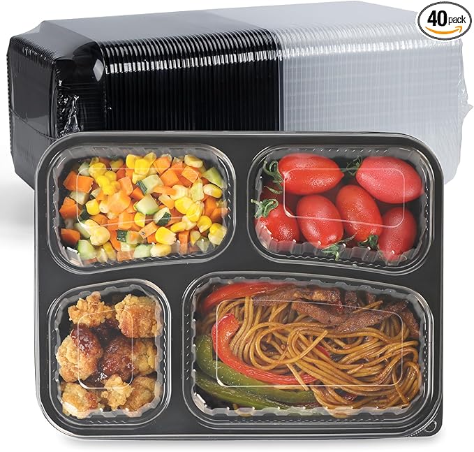 Meal Prep Containers 34oz 40 Pack - BPA Free PP Plastic Shrink Wrap & Leak Proof Takeout Box | Dishwasher Freezer & Microwave Safe Reusable for Bulk Cooking | Black 4 Compartment Food container