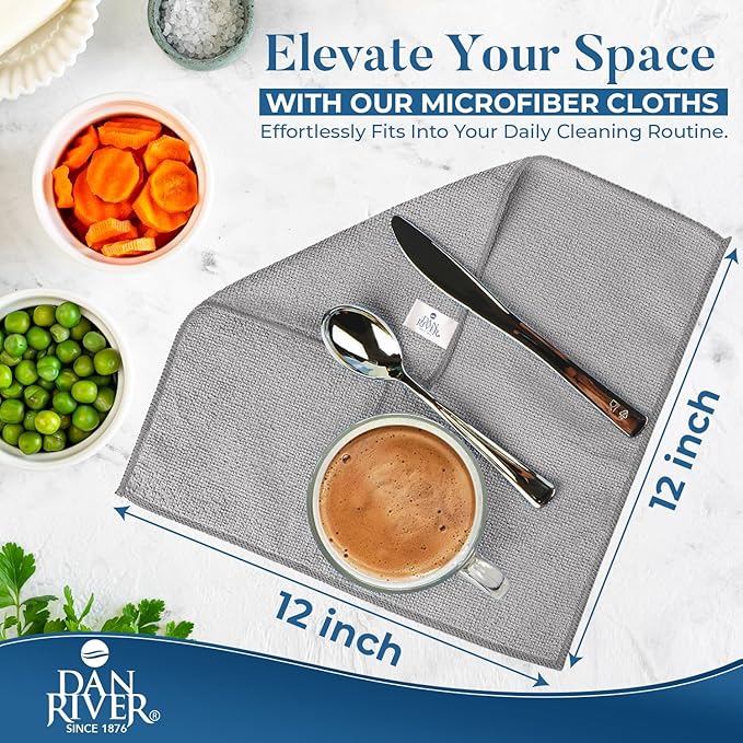 DAN RIVER 12-Pack Gray Microfiber Towels โ Ultra Absorbent, Lint-Free & Streak-Free Rags for Home, Car & Kitchen - Must-Have Cleaning Essentials - 12" x 12"