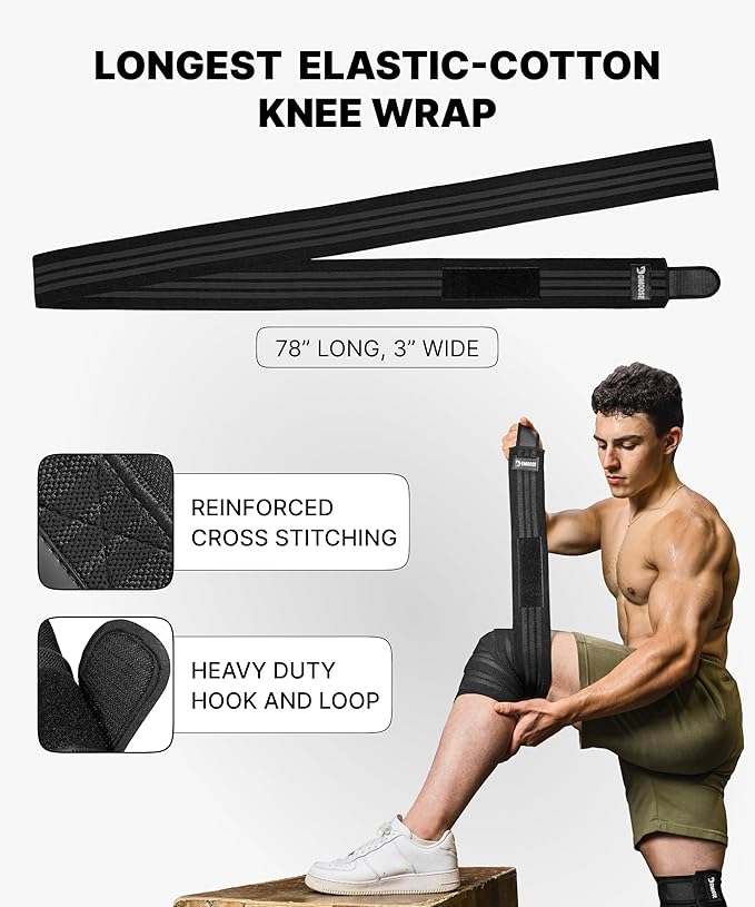 DMoose Fitness Knee Wraps for Weightlifting (Pair) – 78” Gym Brace Straps for Joint Stability & Pain Relief - Perfect for Squats & Working Out - USPA Approved Knee Wrap Supports for Men and Women