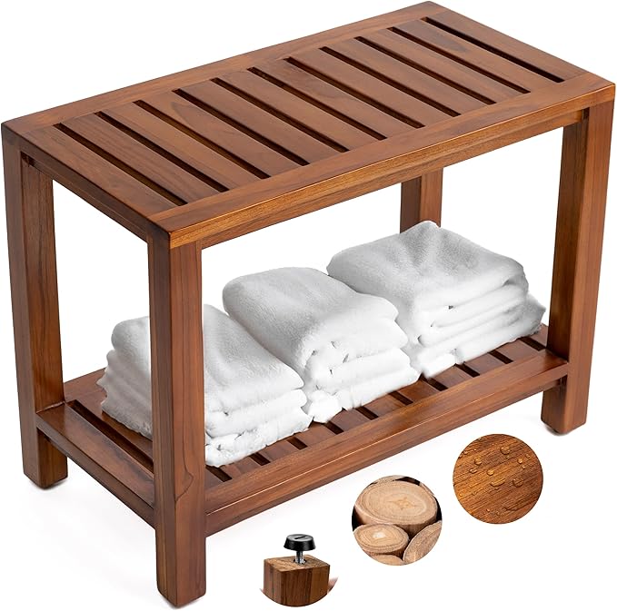 Teak Shower Bench 25 Inch – Fully Assembled Wooden Bench with Shelf, Water-Resistant, Non-Slip Adjustable Feet – Indoor Spa, Garden, or Bathroom Use