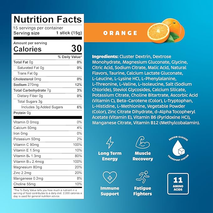 LivPur Electrolyte Drink Mix, Instant Hydration Powder with Vitamin C, B6, B12 & Essential Amino Acids for Muscle Support & Immune Health, Sports Essentials, Orange Flavor, 15 Stick Packs