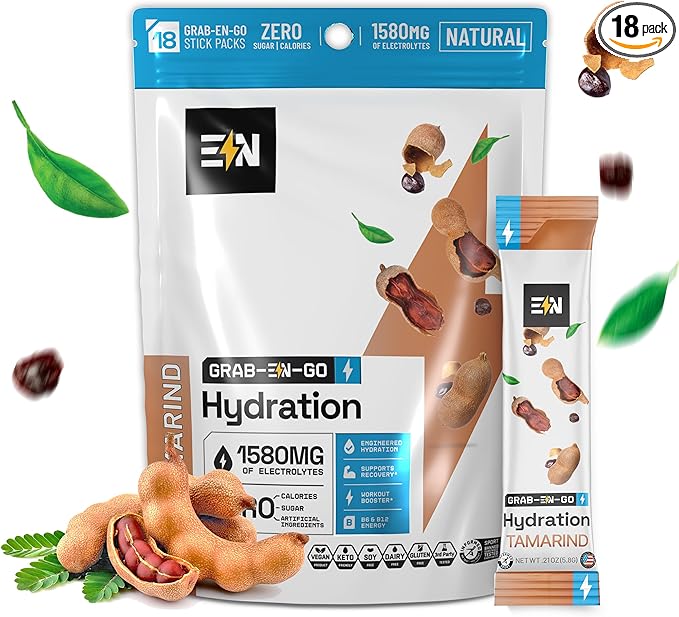 EN, Sugar-Free Electrolytes Powder Packets β Keto Electrolytes Hydration Packets, Single-Serving Electrolytes, Zero Calories, Vegan, Non-GMO, Organic, Gluten-Free, Tamarind 18 CT