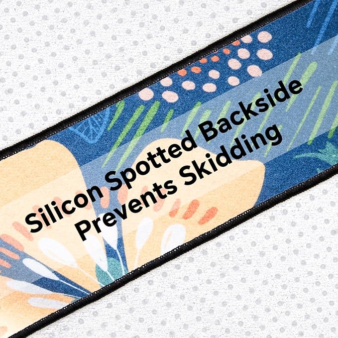 Colorful Star Yoga Towel with Corner Pockets, Non Slip Grip Dots Sweat Absorbent Hot Yoga Mat Towels, Yoga Blankets with Travel Bag, Mat Cover for Workout, Gym, Fitness - 70"x26", Blue Yellow Flowers