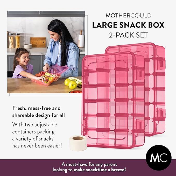 Large Kids Snack Box Containers Set of 2 -100 Labels, BPA-Free, Adjustable Compartments, Dishwasher Safe, Reusable Tray, Food Grade, Meal Prep Container, PARENT TESTED PARENT APPROVED AWARD (Pink)