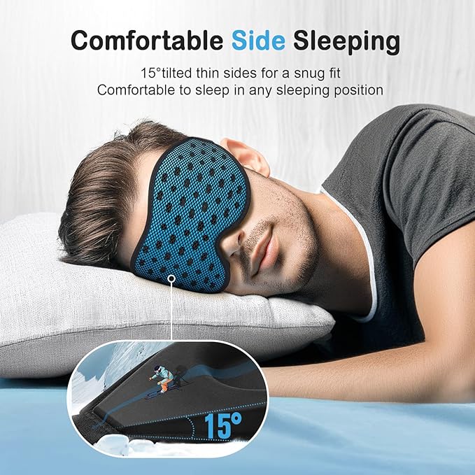 LitBear Breathable Sleep Mask, 3D Eye Mak Sleep for Side Sleepers Women Men, Light Blocking Sleeping Mask with Adjustable Strap, Soft Lightweight Eye Cover for Travel, Night Work, Nap, Office - Blue