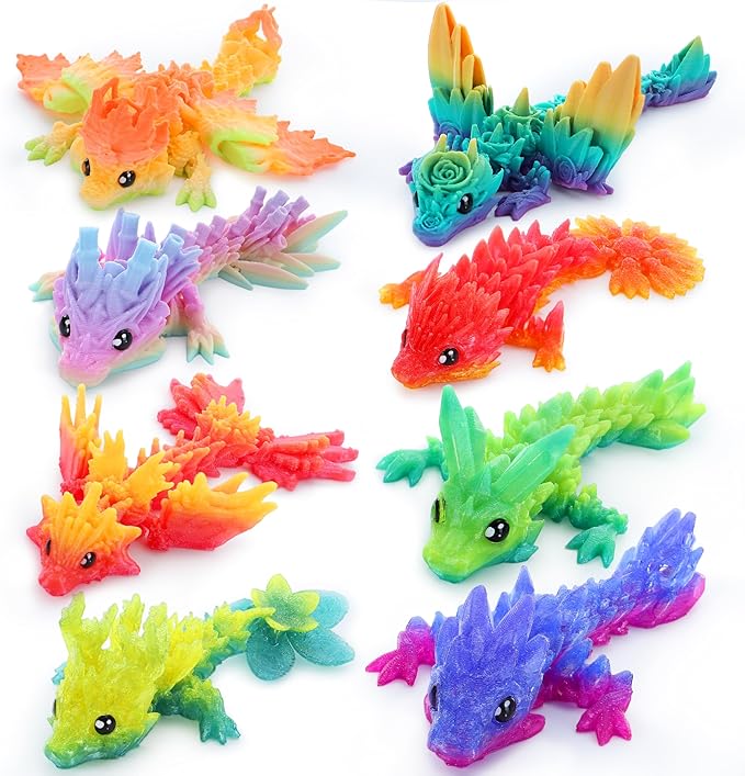 JOYIN 8 Pcs 3D Printed Dragon, 4.4" Colorful 3D Printed Flexible Articulated Dragon Fidget Toys for Home Office Desk Decor, Autism Stress Relief Fidget Toys for Kids & Adults Birthday Gift