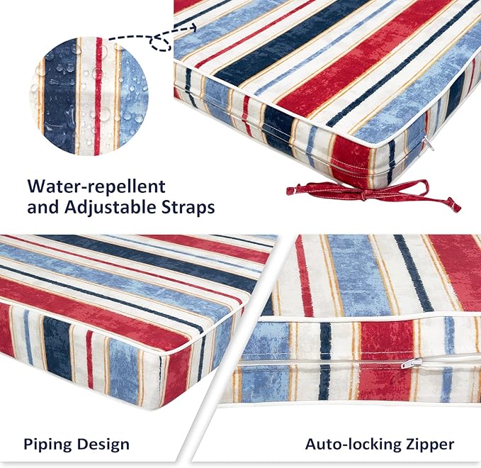 Outdoor Bench Cushion, Patio Furniture Cushions 42x18x3 Inch, All-Weather Seat Chair Swing Couch Pad, Garden Porch Loveseat Long Glider Bench Cushion, Stripe Red Blue
