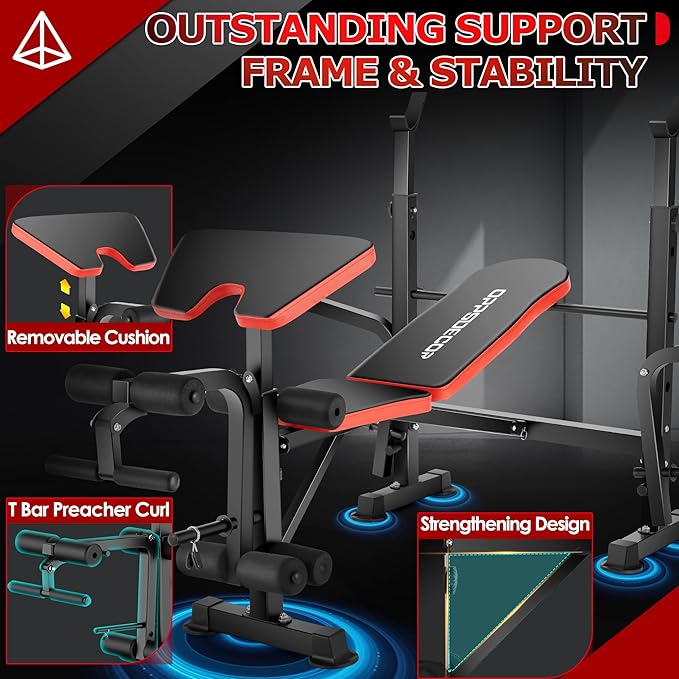 OPPSDECOR 660lbs 6 in 1 Weight Bench Set with Squat Rack Adjustable Workout Bench with Leg Developer Preacher Curl Rack Fitness Strength Training for Home Gym