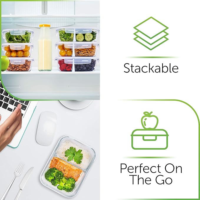 PrepNaturals 5 Pack 36 Oz Glass Meal Prep Containers - Dishwasher Microwave Freezer Oven Safe - Glass Storage Containers with Lids (Multi-Compartment)