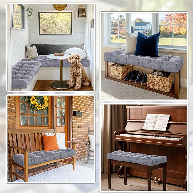 2 Pack Outdoor Bench Cushion Patio Waterproof Porch Swing Cushions Tufted Memory Foam Bench Seat Pads Thicken Non Slip for Outside Indoor Garden Furniture Wicker Loveseat Settee(Gray,42x16 Inch)