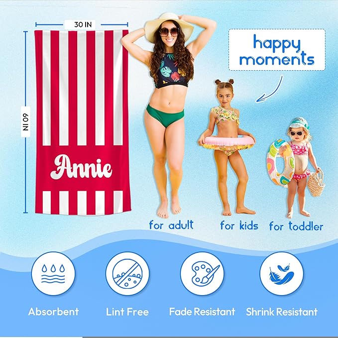 JML Personalized Beach Towel with Name, Custom Cabana Stripe Beach Towel, Customized Microfiber Pool Towel, Quick Dry & Absorbent Swim Towel for Adult,Mother's Day, Birthday, Summer Holiday,Vacation