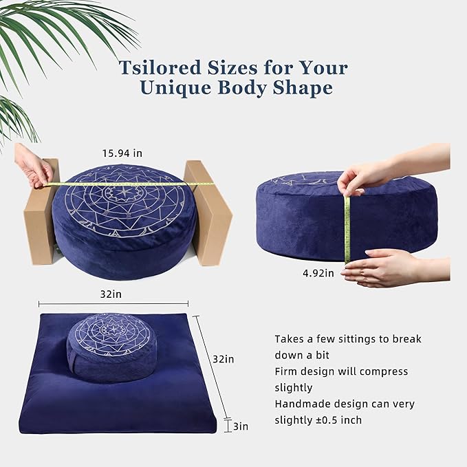 Zafu & Zabuton Meditation Cushion Set - Buckwheat Hull & Memory Foam Pillows, Ergonomic Support for Yoga, Mindfulness - Organic Velvet Cover, Large Size, Durable Comfort (Dark Blue)