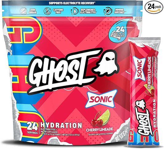 GHOST Hydration Packets, Sonic Cherry Limeade, 24 Sticks, Electrolyte Powder - Drink Mix Supplement with Magnesium, Potassium, Calcium, Vitamin C - Vegan Friendly, Free of Soy, Sugar & Gluten