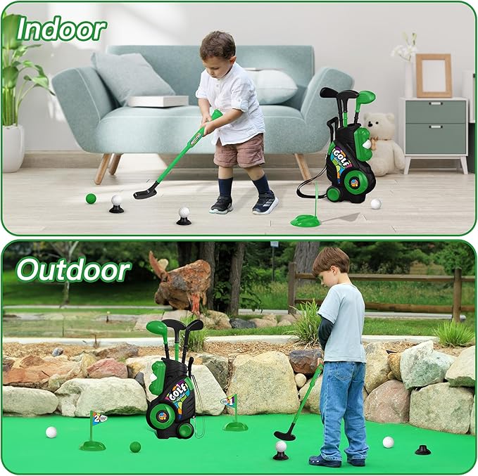 Liberry Toddler Golf Set for Boys Girls Age 2 3 4 5, Upgraded Kids Golf Cart with Shoulder Strap Design, Outdoor Indoor Sports Toys for Birthday, Black