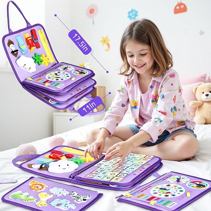 Esjay Toddler Busy Board Montessori Toys for Girls, Sensory Board Educational Activities Learning Fine Motor Skills, Birthday Gifts for Girls Toddlers, Travel Toys for Airplane Car, Purple Merpeople