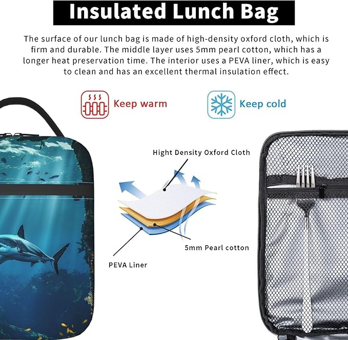 Lunch Box for Women Men, Shark Ocean Insulated Lunch Box Reusable Portable Lunch Bag Cooler Tote Waterproof Lunch Container for Office Picnic Work Travel Hiking
