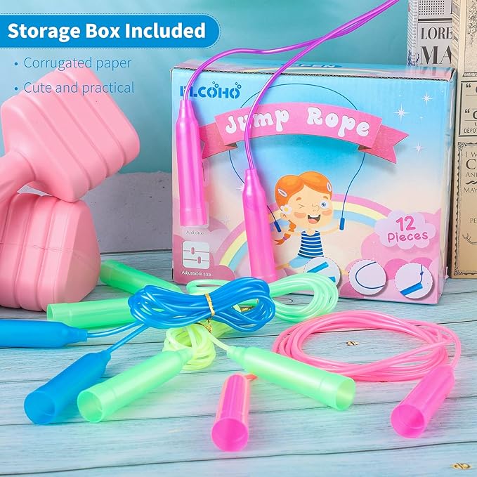 Elcoho 12 Pack Kids Jump Rope Set 7.5 Feet Plastic Jump Ropes Kids Adjustable Colorful Skipping Rope for Outdoor Indoor Fun Game Exercise Fitness Training and Party Favors
