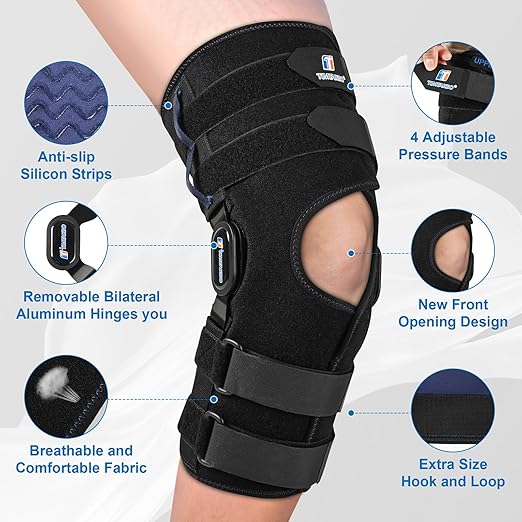 T TIMTAKBO 16inch Tall Hinged Knee Brace for Men/Women with Full Support,4 Compression Straps,2 Metal Side Stabilizers,Breathe Air Spacer Drytex Wrap for Knee Pain Relief,ACL,Arthritis,Meniscus