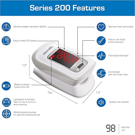 Microlife Series 200 Fingertip Pulse Oximeter, Blood Oxygen Saturation (SpO2) and Heart Rate Monitor, Includes Batteries, Lanyard and Case