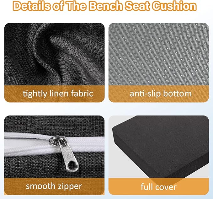 32x16x2 Linen Bench Cushion, Strengthen Breathable Indoor Seat Cushions, High-Density Bench Pad with Anti-Slip Bottom, Indoor Cushion for Bay Window Porch Furniture - Black