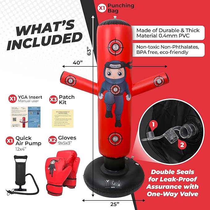 PUNCHO Punching Bag for Kids: 63" Kids Punching Bags 3-8 with Gloves, Pump, PUNCHO eBook - Kid Boxing Bag Set & Birthday Gift - Inflatable Punching Bag for Kid 8-12 with 5 Targets - Boxeo para Niños