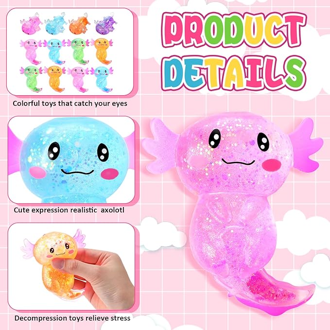 Meooeck 12 Pack Axolotl Stress Relief Toys Glitter Axolotl Starfish Stress Balls Fun Relaxing Squeeze Fidget Toys Relieve Anxiety Squeeze for Birthday Party Goodie Bag Stuffers(Mixed Style)