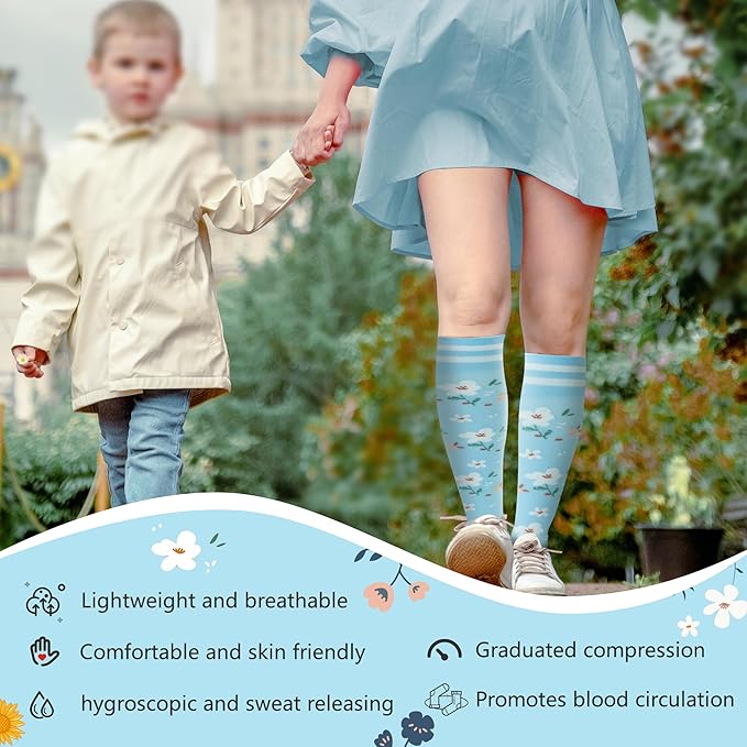 fenglaoda Compression Socks Women Men 4 Pairs, Knee High Support Socks for Running, Sports, Travel, Flight, Nurse