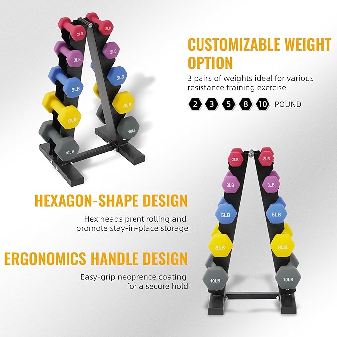 Colored Neoprene Dumbbell Set with Rack, Multiple Weight Options, 20LBS, 32LBS, 50LBS and 56LBS Sets