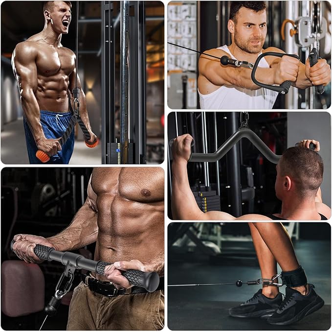 SELEWARE Triceps LAT Pulldown Attachments Home Gym Workout Accessories with Non-Slip Soft Rubber Grip Cable Machine Attachments Triceps Rope Double D Row Handle Pull Down Bar Straight Bar Exercise