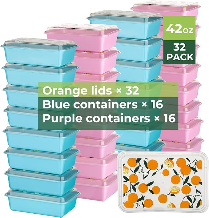 32 Pack 42 oz Meal Prep Containers, Reusable Plastic Food Prep Storage Containers with Printed Lids, Stackable, Leakproof, Microwave & Freezer & Dishwasher Safe,To Go Take Out Box, Orange
